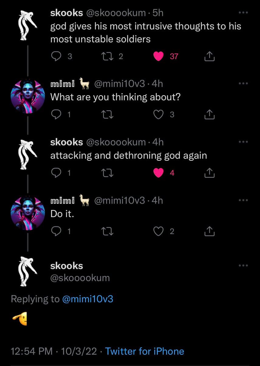 A screenshot of a Twitter conversation between users @skooookum and @mimi10v3. The thread consists of a series of short, philosophical, and humorous exchanges about the nature of God and intrusive thoughts.