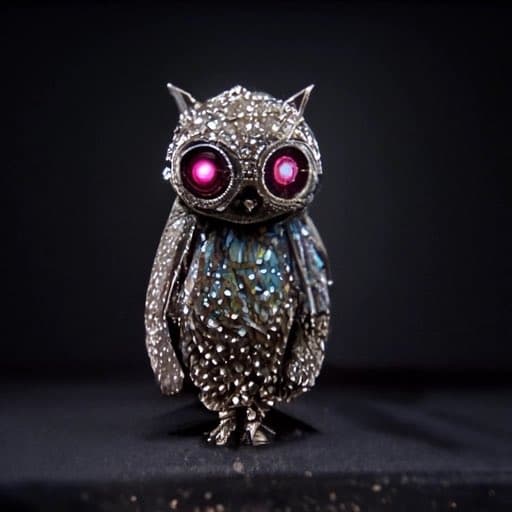 A close-up photograph of an ornate owl figurine made of silver and gemstones, featuring glowing pink eyes and an iridescent abalone shell body, set against a dark background.