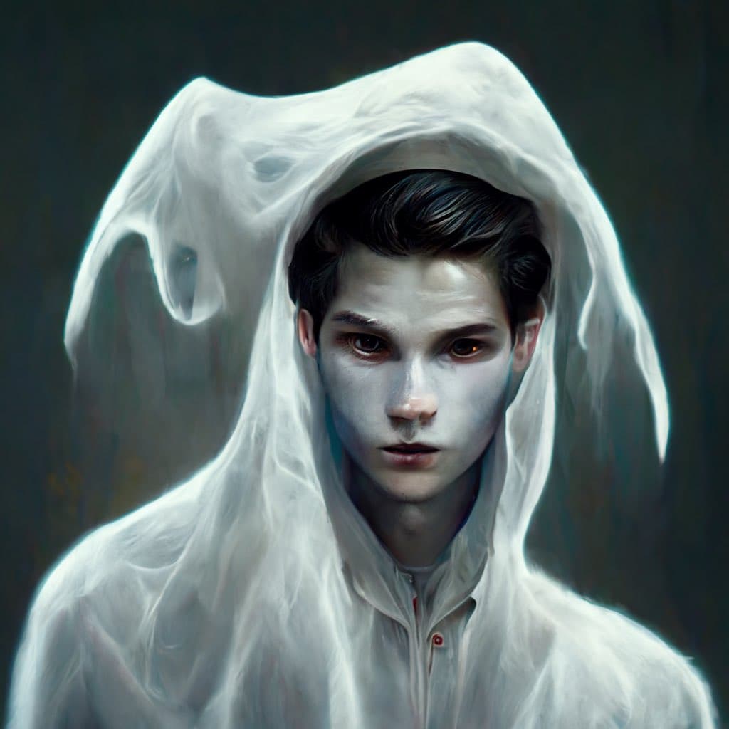 A digital painting of a person with pale skin and dark hair, wearing a white hooded garment that drapes over their head and shoulders. The figure has a solemn expression and is set against a dark, muted background.