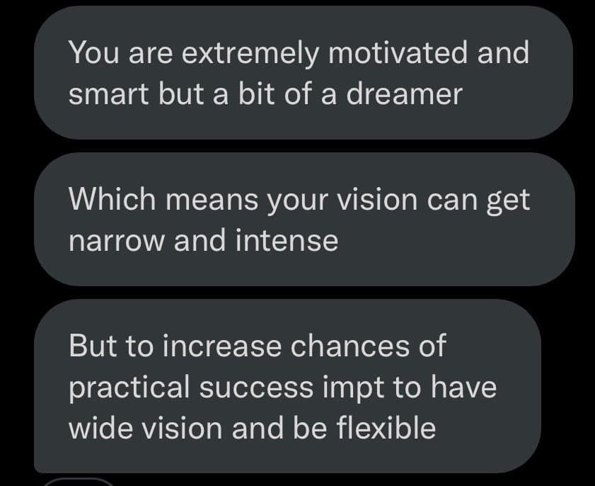 A screenshot of a text message conversation showing three dark gray message bubbles on a black background. The messages provide a fortune-telling style reading about the recipient's personality and work style.