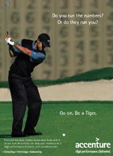 A promotional advertisement for Accenture featuring a golfer mid-swing on a golf course. The image includes text asking, "Do you run the numbers? Or do they run you?" and the tagline "Go on. Be a Tiger." The Accenture logo and slogan "High performance. Delivered." are visible in the bottom right corner.
