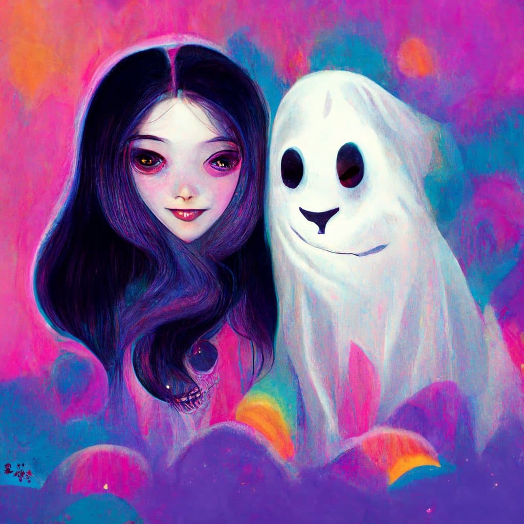 A colorful digital illustration depicting a young woman with long dark hair and a white, ghost-like figure with large black eyes standing side by side against a vibrant pink and purple background. The artwork has a whimsical, fantasy style with soft, painterly textures.