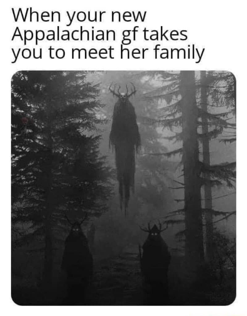 A meme featuring a dark, foggy forest scene with three tall, antlered humanoid figures, one floating in the air and two standing on the ground. The image is captioned with text at the top.