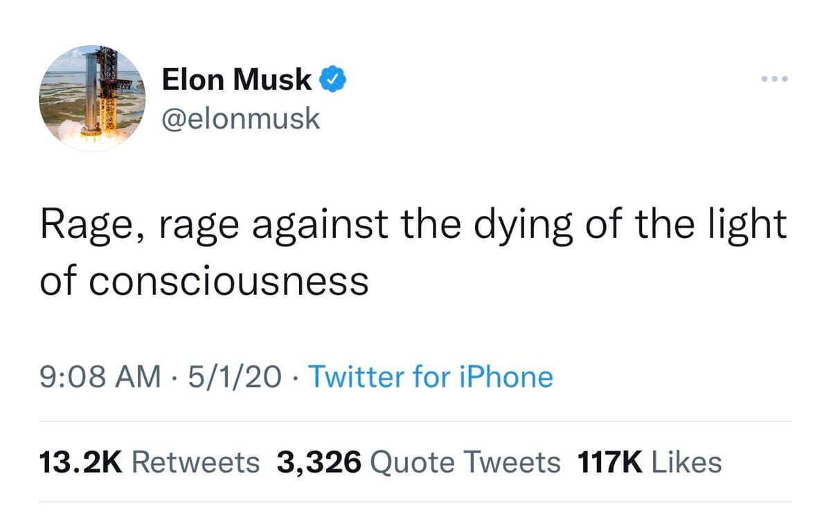 A screenshot of a tweet from Elon Musk's verified Twitter account (@elonmusk). The tweet contains the text 'Rage, rage against the dying of the light of consciousness' and was posted at 9:08 AM on 5/1/20 via Twitter for iPhone. The tweet has 13.2K Retweets, 3,326 Quote Tweets, and 117K Likes.
