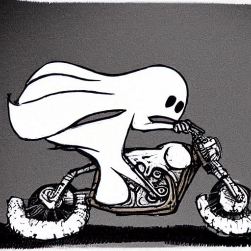 A black-and-white digital illustration of a ghost-like figure with long flowing hair riding a chopper-style motorcycle. The character has a simple face with two black eyes and a small mouth, and the bike features detailed mechanical elements and knobby tires.