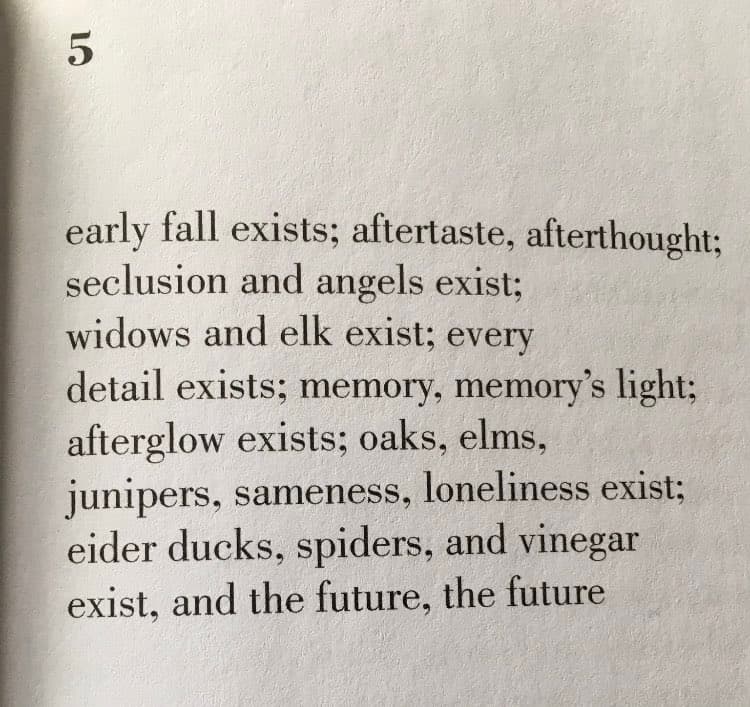 A photograph of a printed page from a book, showing a poem excerpt with the number 5 in the top left corner. The text is set in a serif font on off-white paper.