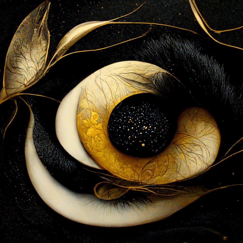 A surreal digital artwork depicting a large, stylized eye with a golden iris and a pupil filled with a starry night sky, surrounded by delicate, leaf-like structures against a black background.