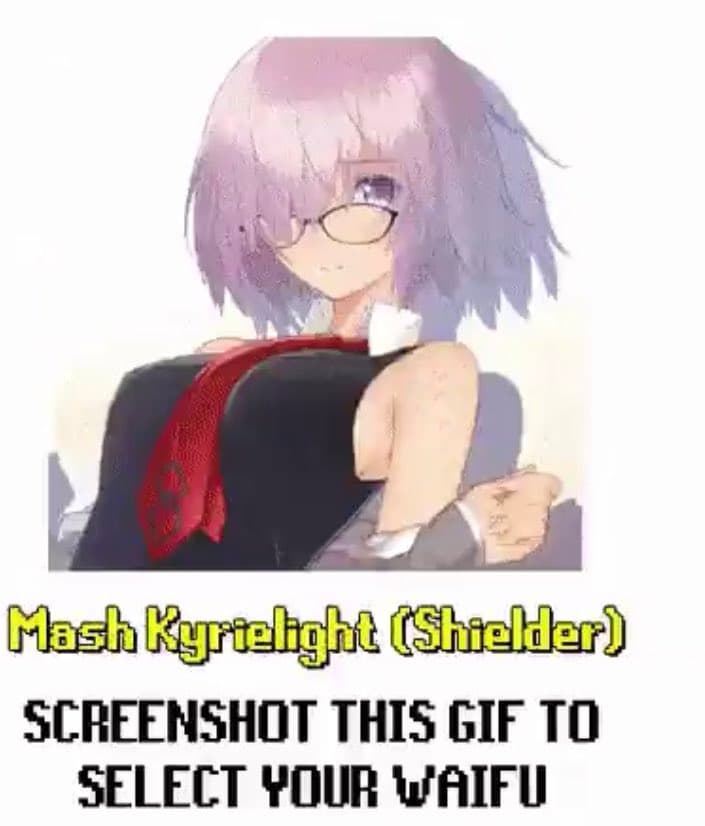 A meme featuring an anime-style illustration of a character with short purple hair and glasses, looking over her shoulder. Text below the image identifies the character and presents a choice. The text reads: "Mash Kyrielight (Shielder)" in yellow, followed by "SCREENSHOT THIS GIF TO SELECT YOUR WAIFU" in black pixelated font.
