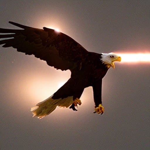 A digitally manipulated image of a bald eagle in flight, with a bright beam of light shooting from its open beak, set against a hazy, backlit sky. The eagle's wings are spread wide, and the light source behind it creates a dramatic silhouette effect.