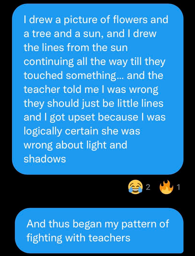 A screenshot of a text message conversation on a dark background, showing two blue message bubbles. The first bubble recounts a childhood story about drawing sun rays, and the second bubble adds a humorous follow-up. Below the first bubble are reaction emojis with counts.