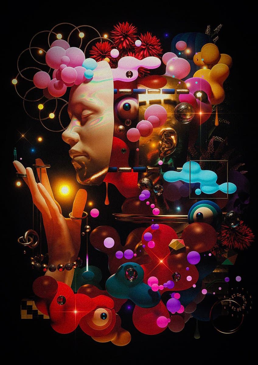 A surreal digital collage featuring a profile of a human face and a hand, surrounded by abstract 3D shapes, spheres, eyes, and glowing lights against a black background. The artwork has a dreamlike, psychedelic aesthetic with vibrant colors like red, pink, and blue.