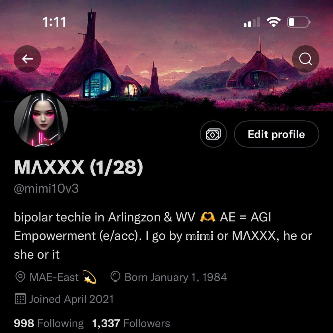 A screenshot of a Twitter profile page for the user "MAXXX (1/28)" (@mimi10v3). The profile features a sci-fi landscape header, an anime-style avatar, and a bio describing the user as a "bipolar techie in Arlingzon & WV" who goes by "mimi or MAXXX, he or she or it". The page displays 998 following and 1,337 followers.