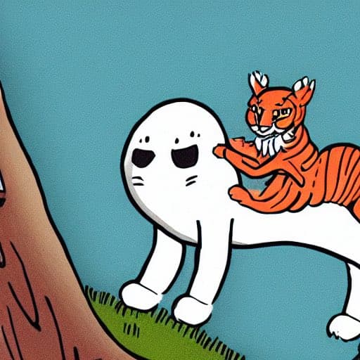 A cartoon illustration of a white, blob-like creature with a surprised expression, being ridden by a small orange tiger with a white beard. The scene is set against a plain blue background with a patch of green grass and a brown tree trunk on the left.
