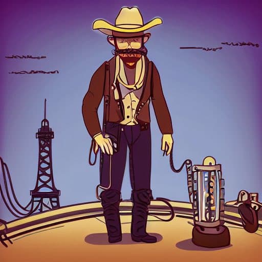 A digital illustration of a cowboy standing on a desert landscape, wearing a hat, scarf, and boots, with a mechanical device and an oil derrick in the background. The image has a stylized, cartoonish art style with a purple and orange color palette.