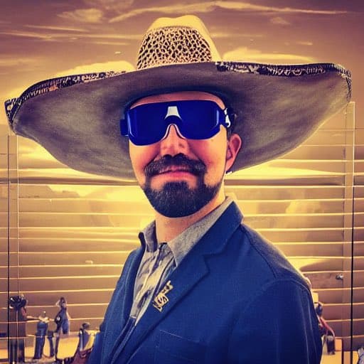 A man with a beard and mustache is wearing a large sombrero and blue-tinted sunglasses. He is dressed in a blue blazer over a collared shirt and is standing in front of a window with horizontal blinds.