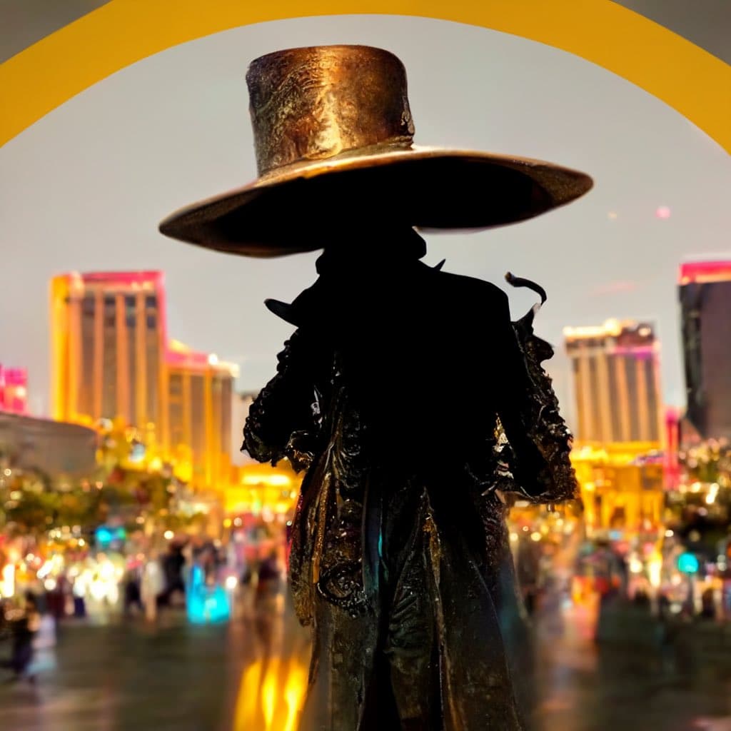 A digital artwork depicting a silhouetted figure wearing a large, ornate top hat and a textured coat, standing in a brightly lit, crowded city plaza at night. The background features blurred, illuminated skyscrapers and a crowd of people, framed by a yellow arch at the top.