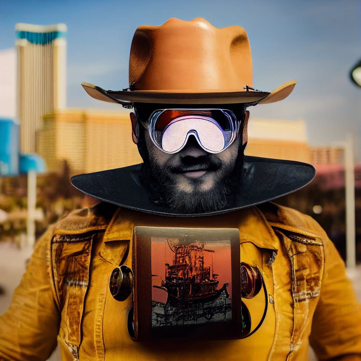 A portrait of a bearded man wearing a brown cowboy hat, futuristic goggles, and a yellow jacket with a chest-mounted device, set against a blurred cityscape background. The image appears to be a digital art or AI-generated illustration in a steampunk or sci-fi style.