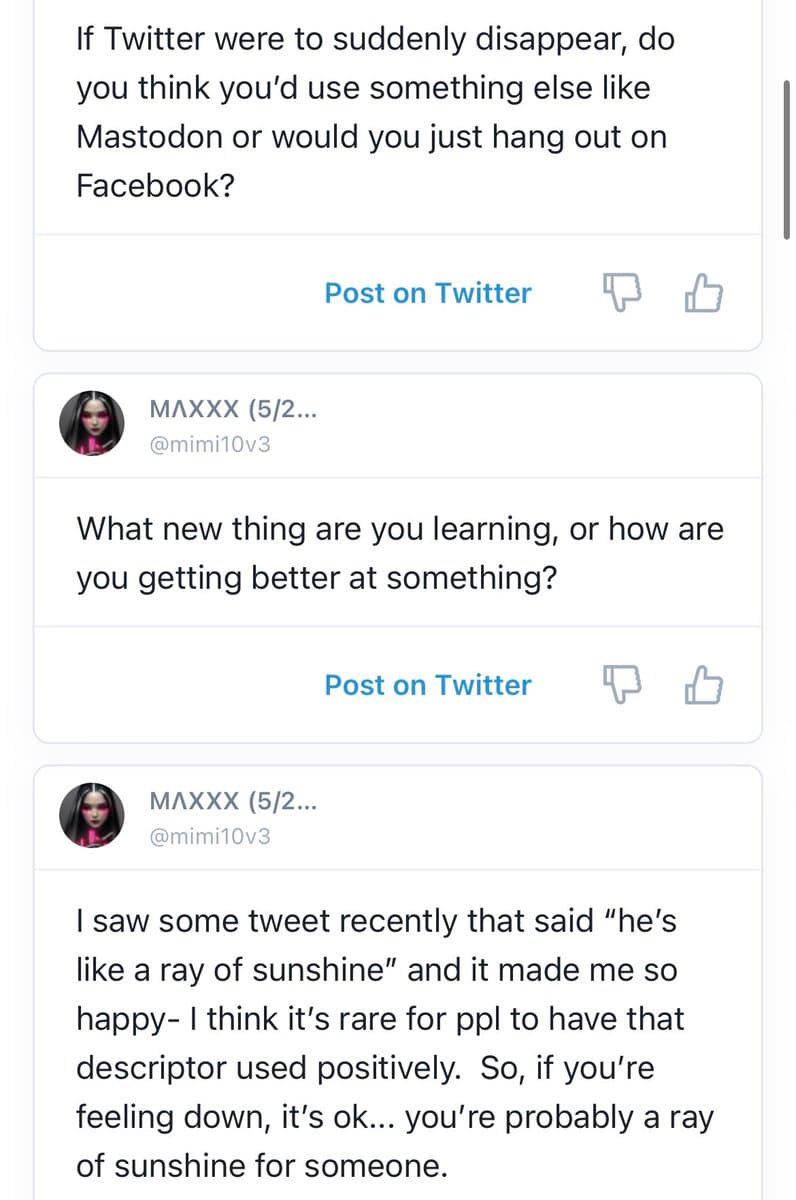 A screenshot of a social media interface displaying a list of user-submitted questions and comments. Each entry includes a user's profile picture, name, handle, and a text prompt, with a 'Post on Twitter' button and thumbs-up/down icons below each.