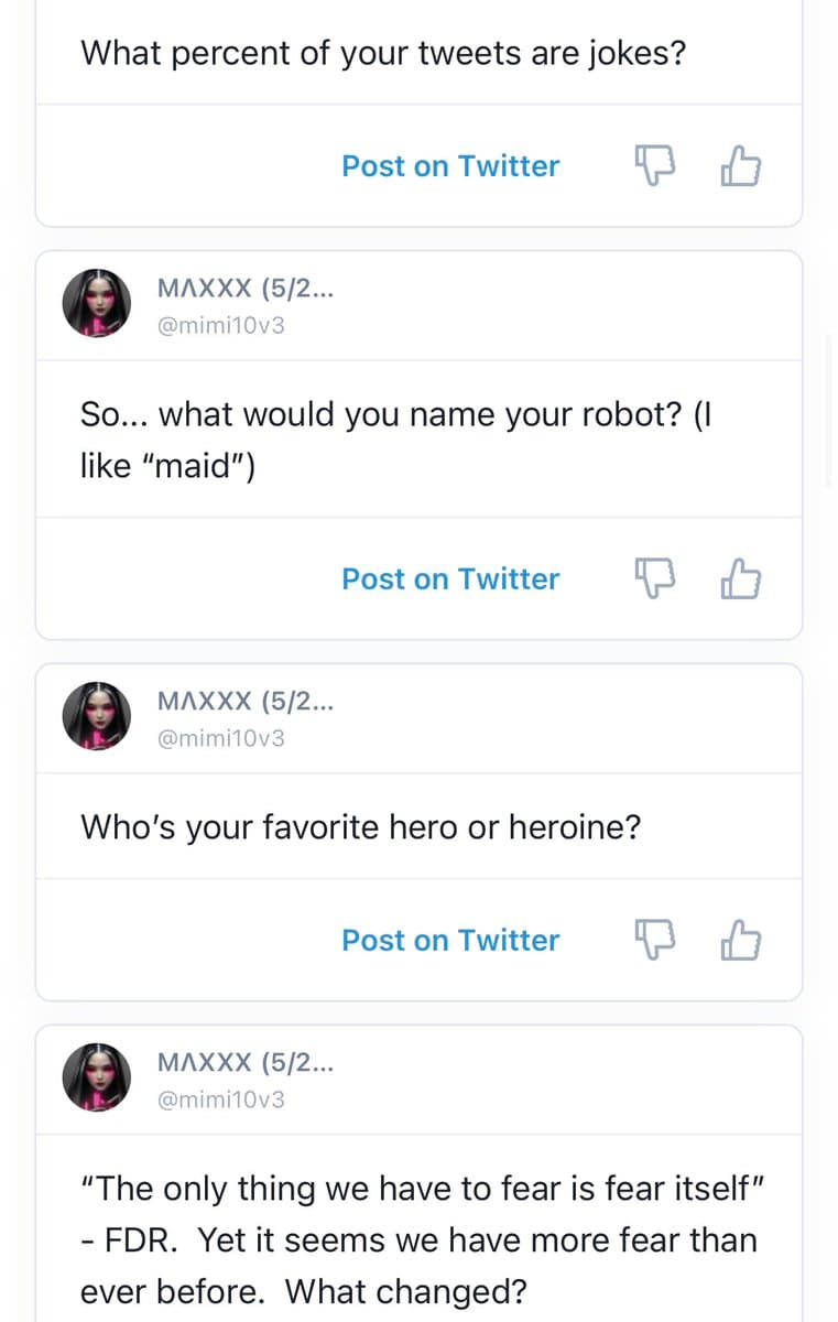 A screenshot of a Twitter poll interface showing multiple questions from user @mimi10v3. The visible polls ask about naming a robot, favorite hero, and a quote about fear.