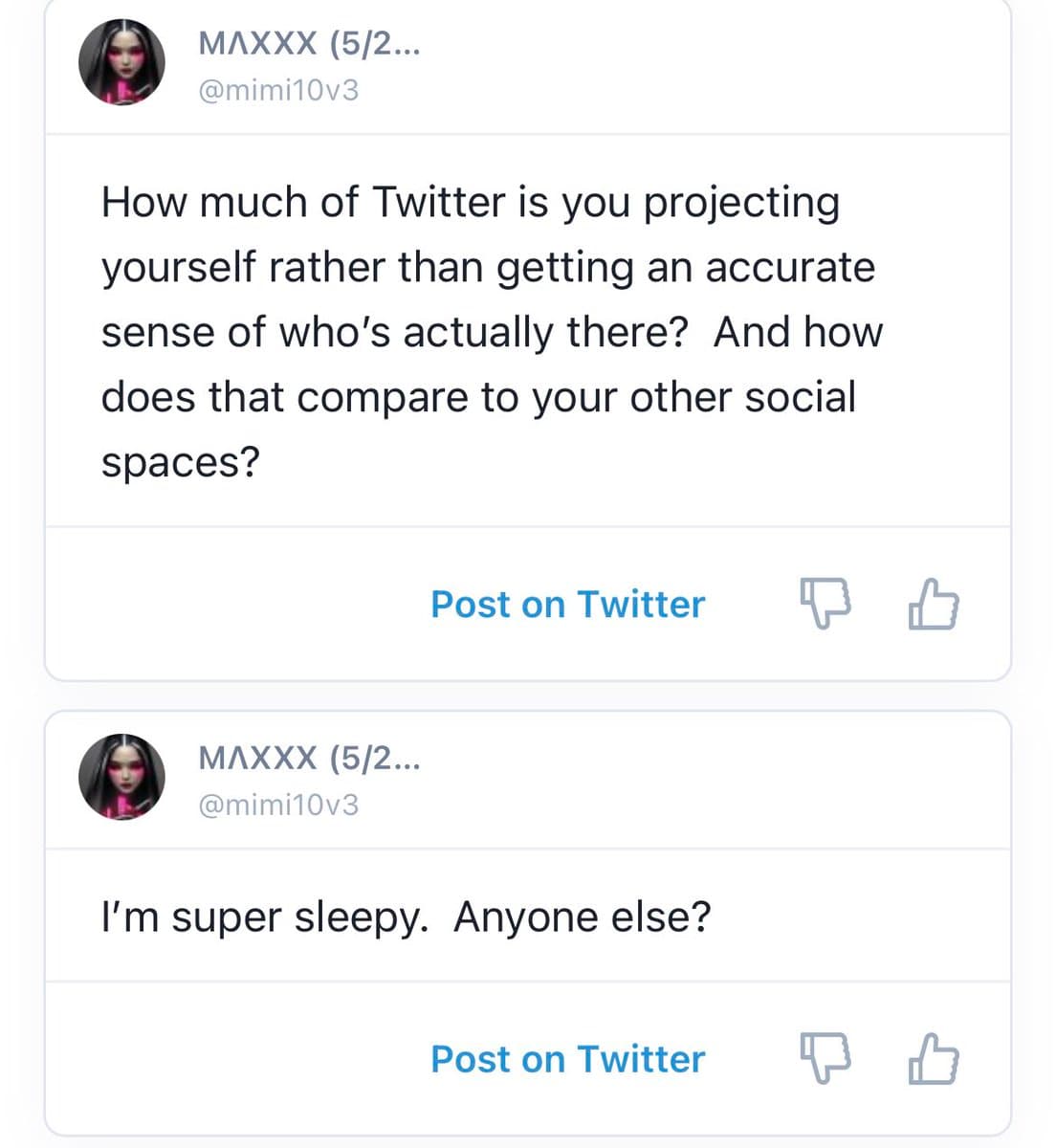 A screenshot of a social media interface displaying two consecutive posts from the user 'MAXXX' (@mimi10v3). The posts consist of text questions and a statement, each accompanied by a 'Post on Twitter' button and thumbs-up/down icons.
