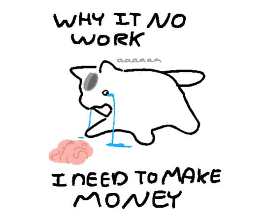 A hand-drawn cartoon meme showing a crying, distressed animal-like figure with a small brain on the ground in front of it. The image has text at the top and bottom.