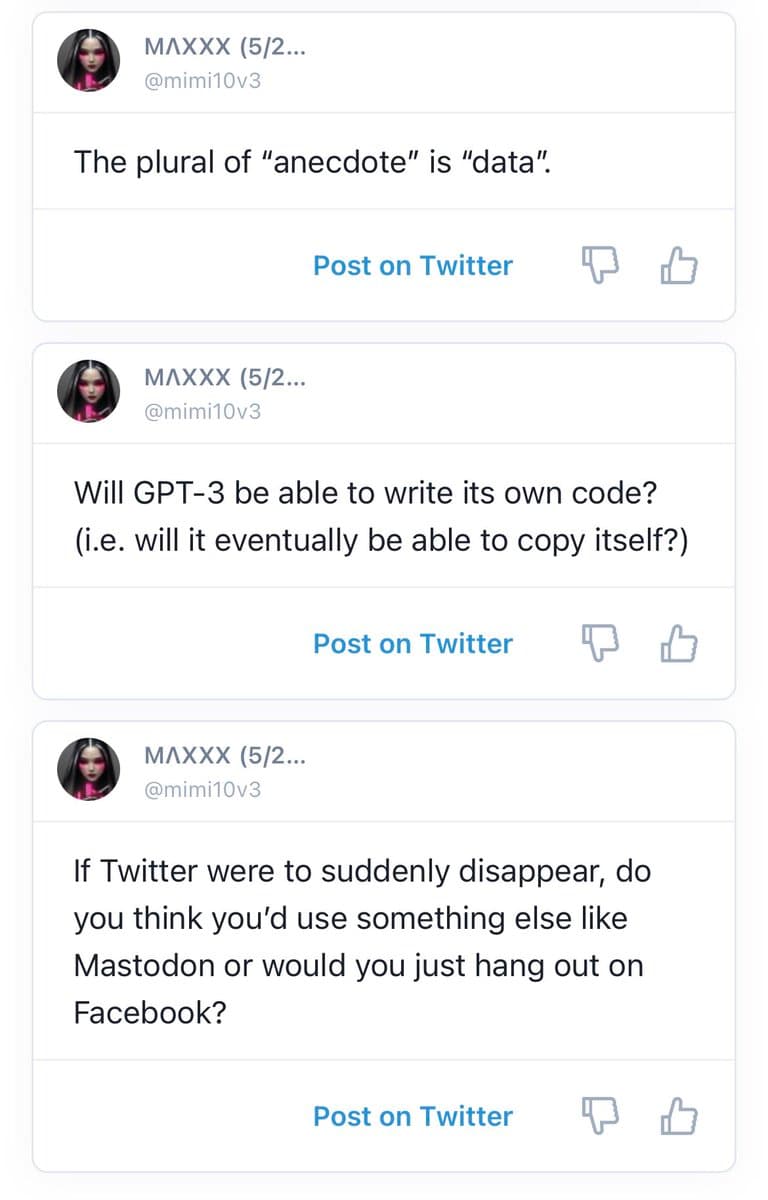 A screenshot of a social media interface displaying three separate post drafts from the user @mimi10v3, each containing a question and a 'Post on Twitter' button.