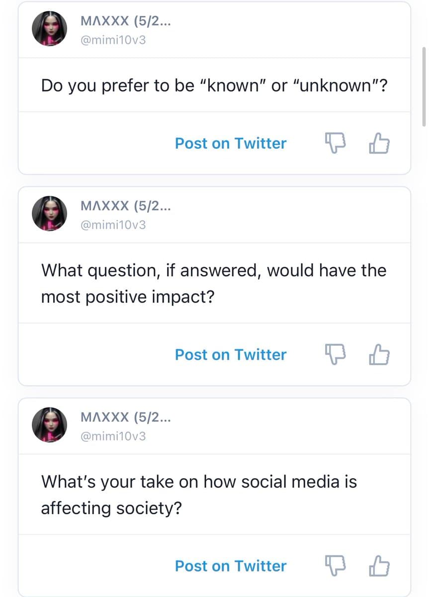 A screenshot of a social media interface displaying three separate question prompts from a user named MAXXX. Each prompt includes a 'Post on Twitter' button and thumbs-up/down icons.