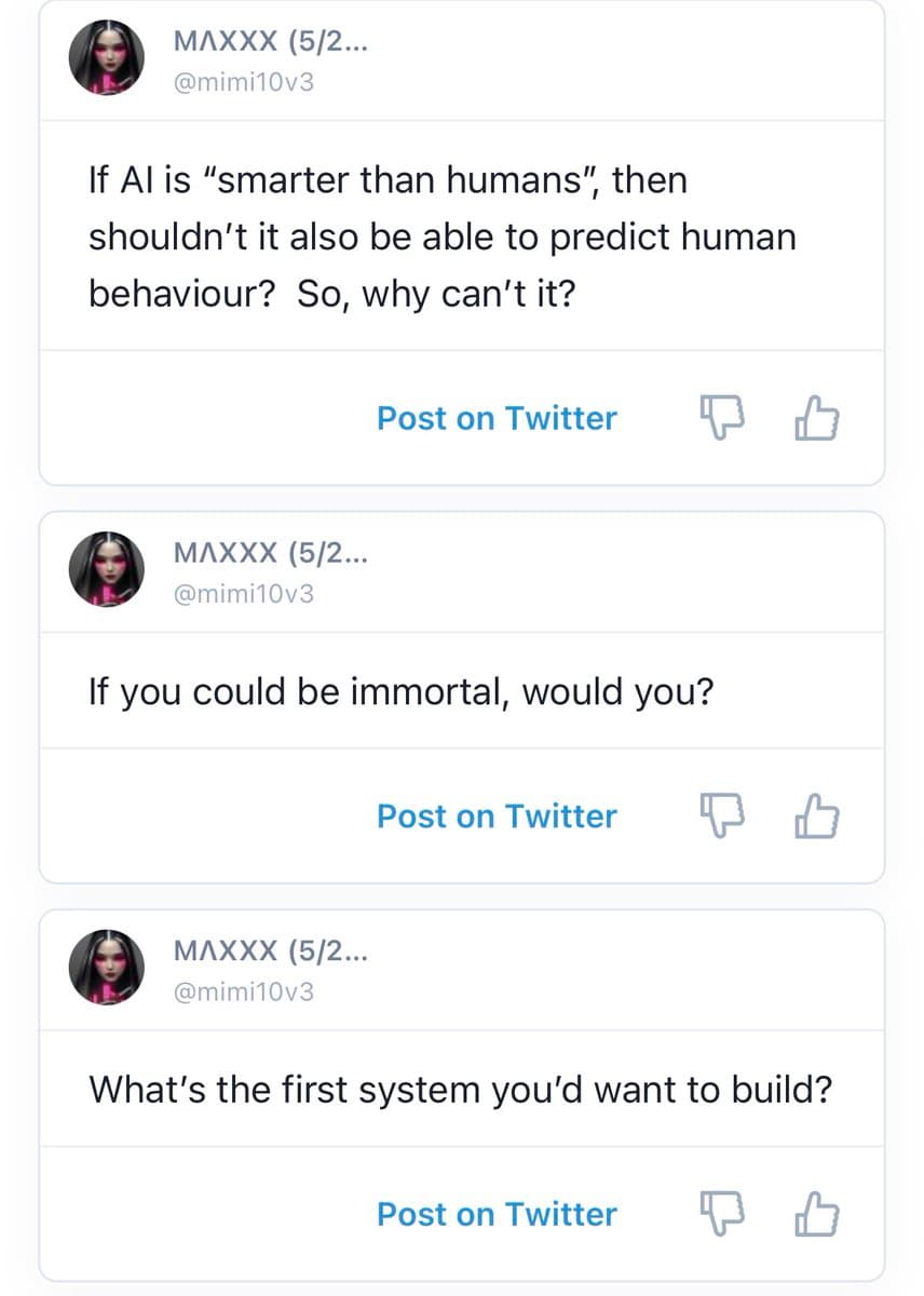 A screenshot of a social media interface displaying three separate post drafts from the user 'MAXXX (5/2...' (@mimi10v3). Each draft contains a question and a 'Post on Twitter' button.