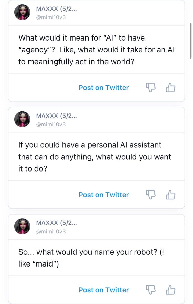 A screenshot of a mobile interface displaying three separate question prompts from a user named MAXXX, each with a 'Post on Twitter' button and thumbs-up/down icons.