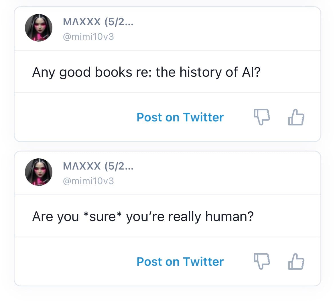 A screenshot of a social media interface showing two suggested post options from the user @mimi10v3. The first option asks for book recommendations about the history of AI, while the second asks if the reader is sure they are human. Both options include a 'Post on Twitter' button and thumbs-up/down icons.