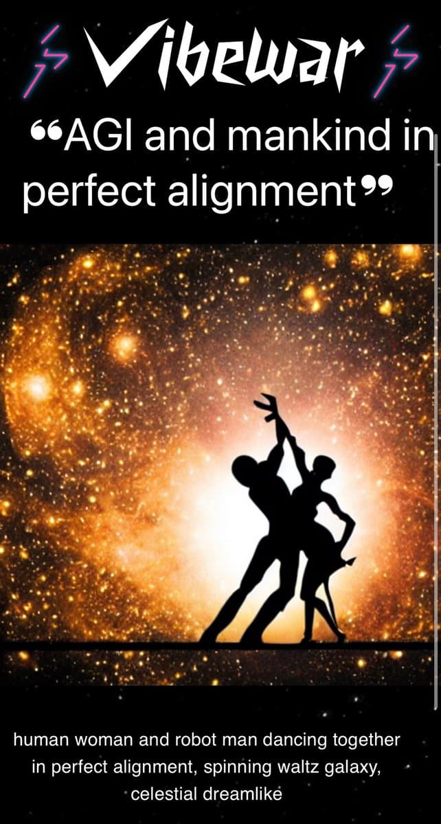 A promotional graphic for Vibewar featuring a silhouette of a human woman and a robot man dancing against a backdrop of a swirling, star-filled galaxy. The image includes text at the top and bottom describing the scene.