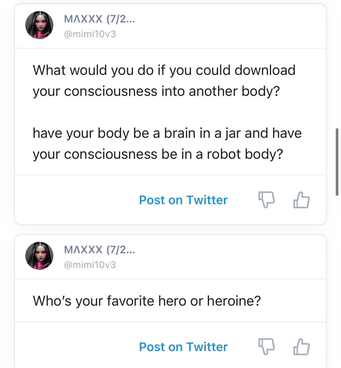 A screenshot of a social media interface showing two consecutive posts from the user MAXXX (@mimi10v3). The posts contain questions about transferring consciousness and favorite heroes, each with a 'Post on Twitter' button and like/dislike icons below the text.