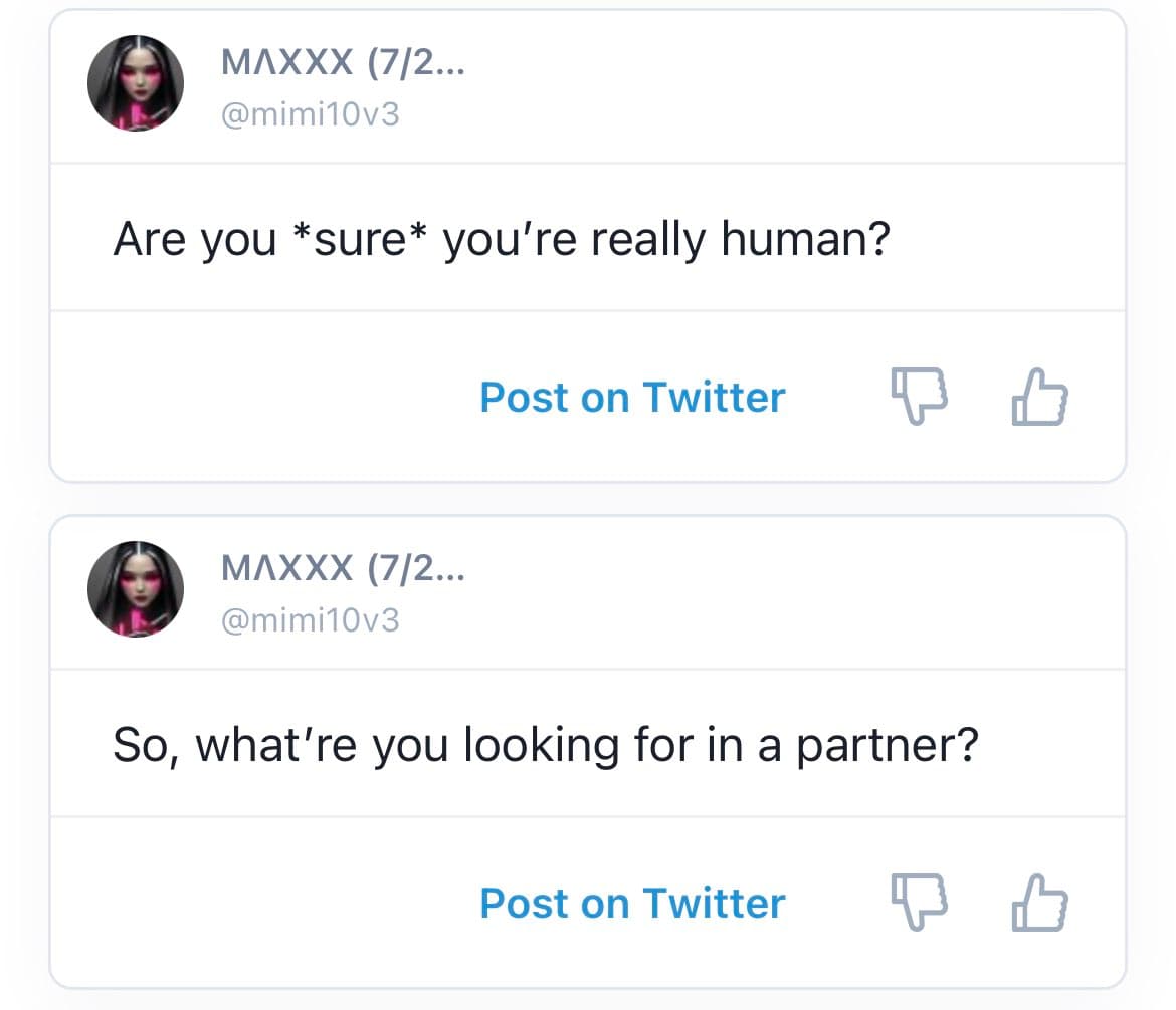 A screenshot of a social media interface showing two suggested post prompts from a user named MAXXX. The first prompt asks, "Are you *sure* you're really human?" and the second asks, "So, what're you looking for in a partner?" Each prompt includes a "Post on Twitter" button and thumbs-up/thumbs-down icons.