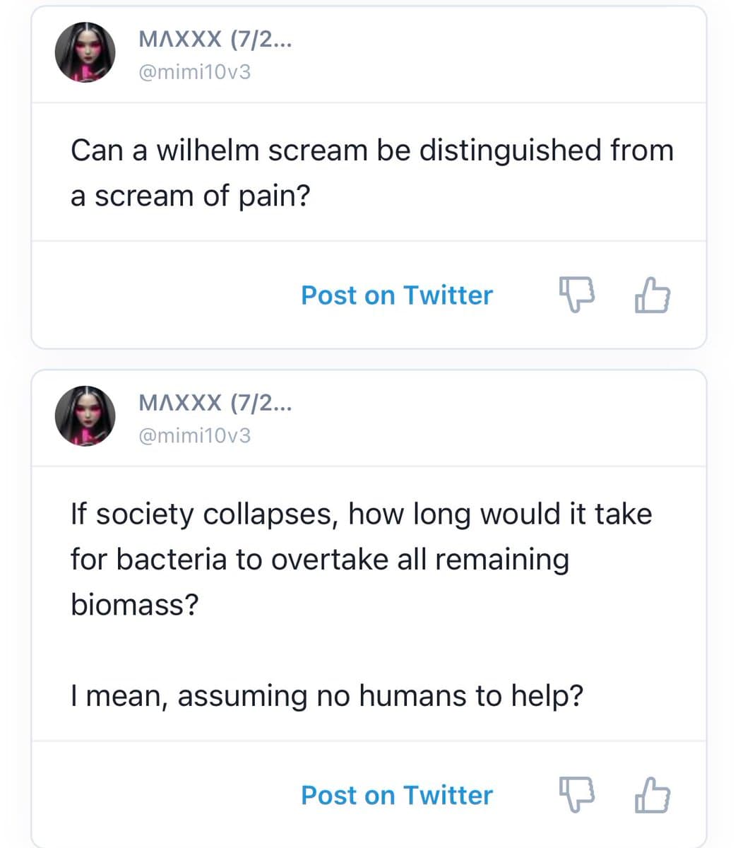 A screenshot of a webpage displaying two separate question prompts from a user named MAXXX (@mimi10v3). Each prompt is presented in a card format with a profile picture, the question text, and a 'Post on Twitter' button at the bottom.