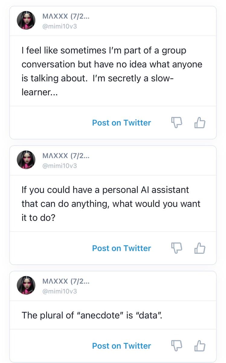 A screenshot of a social media interface displaying three separate text posts from a user named MAXXX. Each post is presented in a card format with a profile picture, username, handle, and a 'Post on Twitter' button at the bottom.