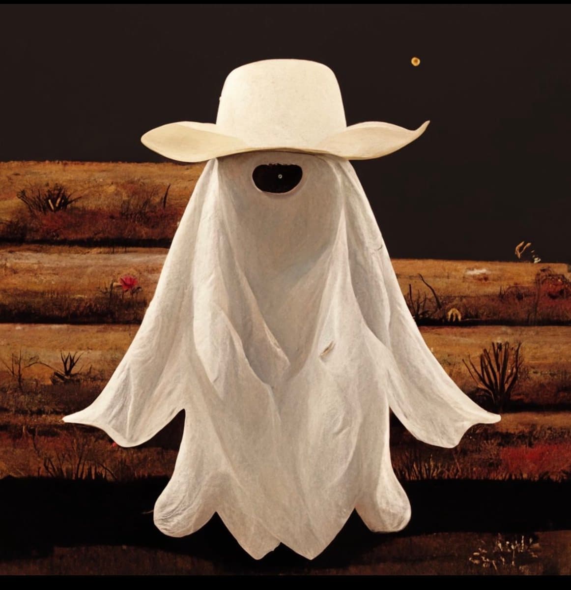 A surreal digital artwork depicting a ghostly figure wearing a white cowboy hat and a white sheet, standing in a dark, arid landscape with a single eye visible.