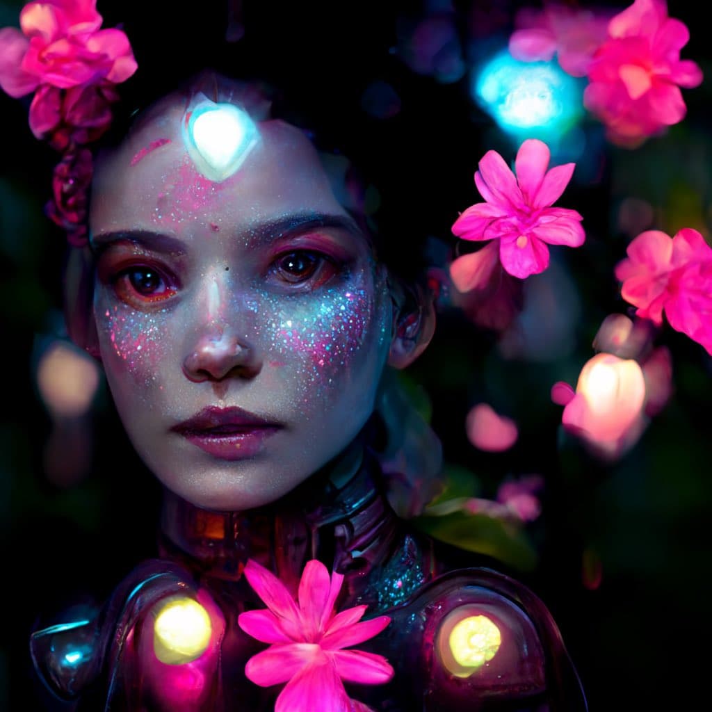 A digital art portrait of a person with glowing, iridescent makeup and a luminous heart-shaped light on their forehead, surrounded by vibrant pink flowers and glowing orbs in a dark setting. The image has a futuristic, cyberpunk aesthetic with metallic elements visible on the figure's shoulders and neck.