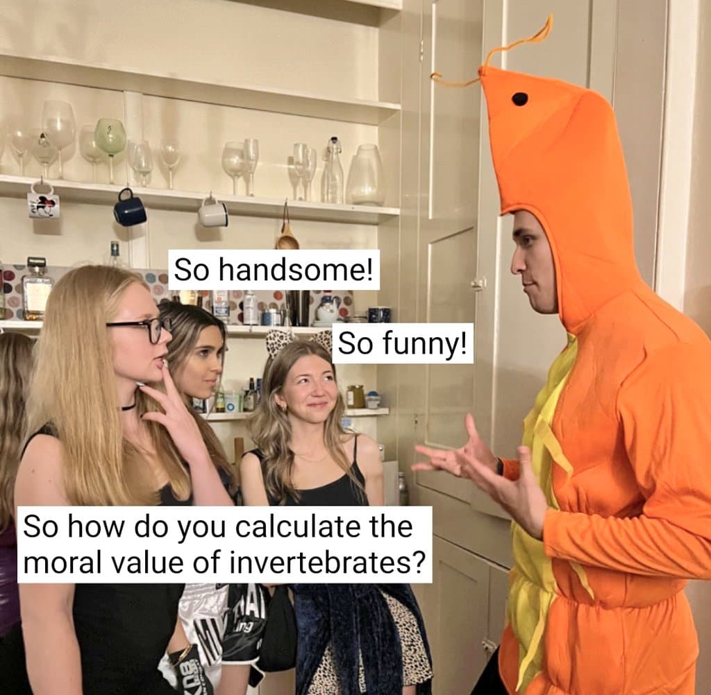 A meme featuring a person in a full-body orange lobster costume standing in a kitchen, being observed by three women. Text overlays label the women's reactions as "So handsome!" and "So funny!" while a larger caption at the bottom asks, "So how do you calculate the moral value of invertebrates?".