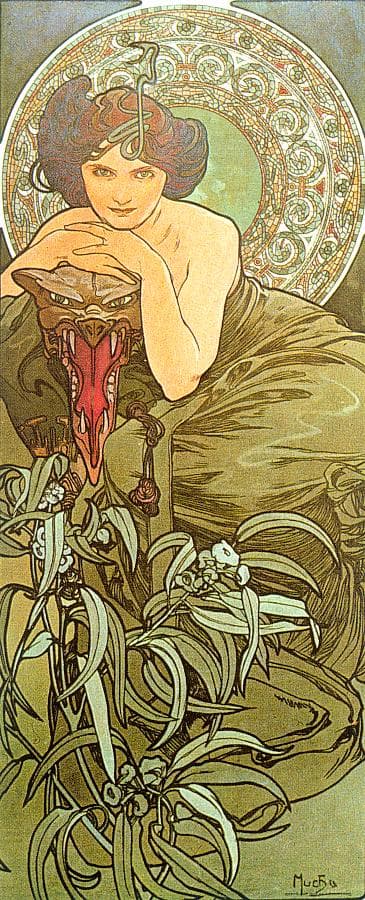 A vertical Art Nouveau illustration by Alphonse Mucha titled 'Emerald,' depicting a woman with a decorative headpiece resting her chin on her hand while holding a snake with a red tongue, set against an ornate circular background and surrounded by stylized foliage.