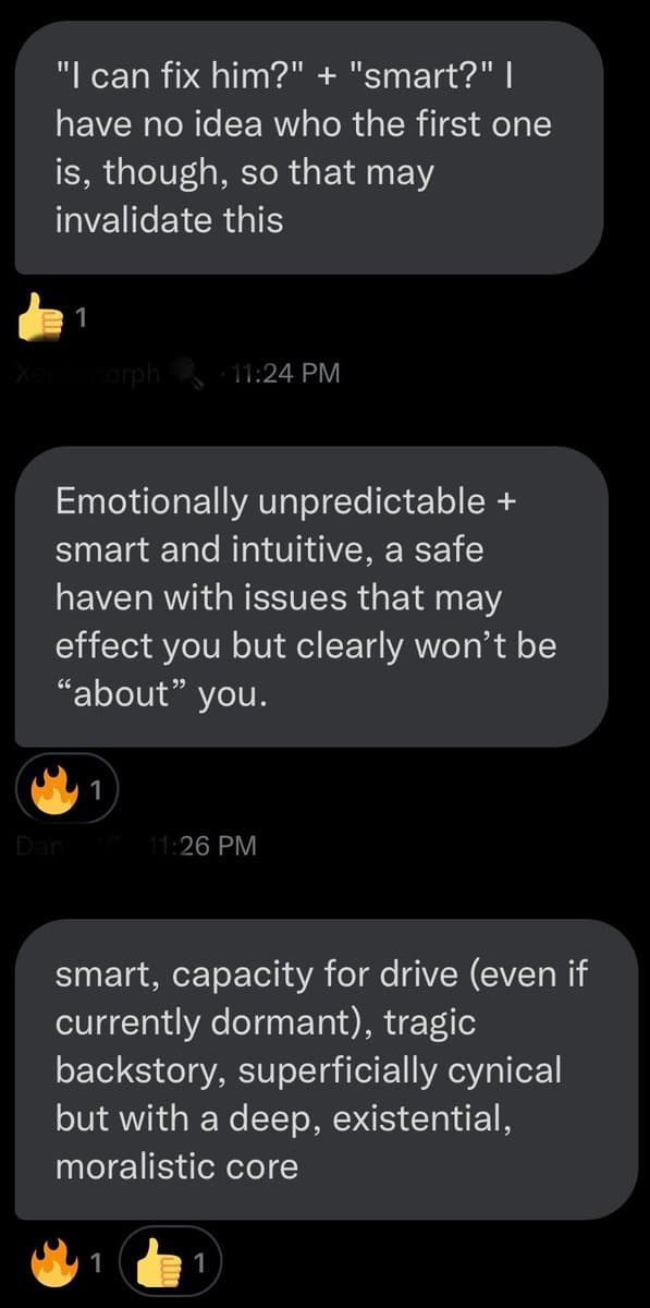 A screenshot of a dark-mode chat conversation showing three message bubbles in which users describe a person's personality traits. The messages are accompanied by reaction icons (thumbs-up and fire) and timestamps. The text describes the subject as smart, emotionally unpredictable, having a tragic backstory, and possessing a deep moralistic core.