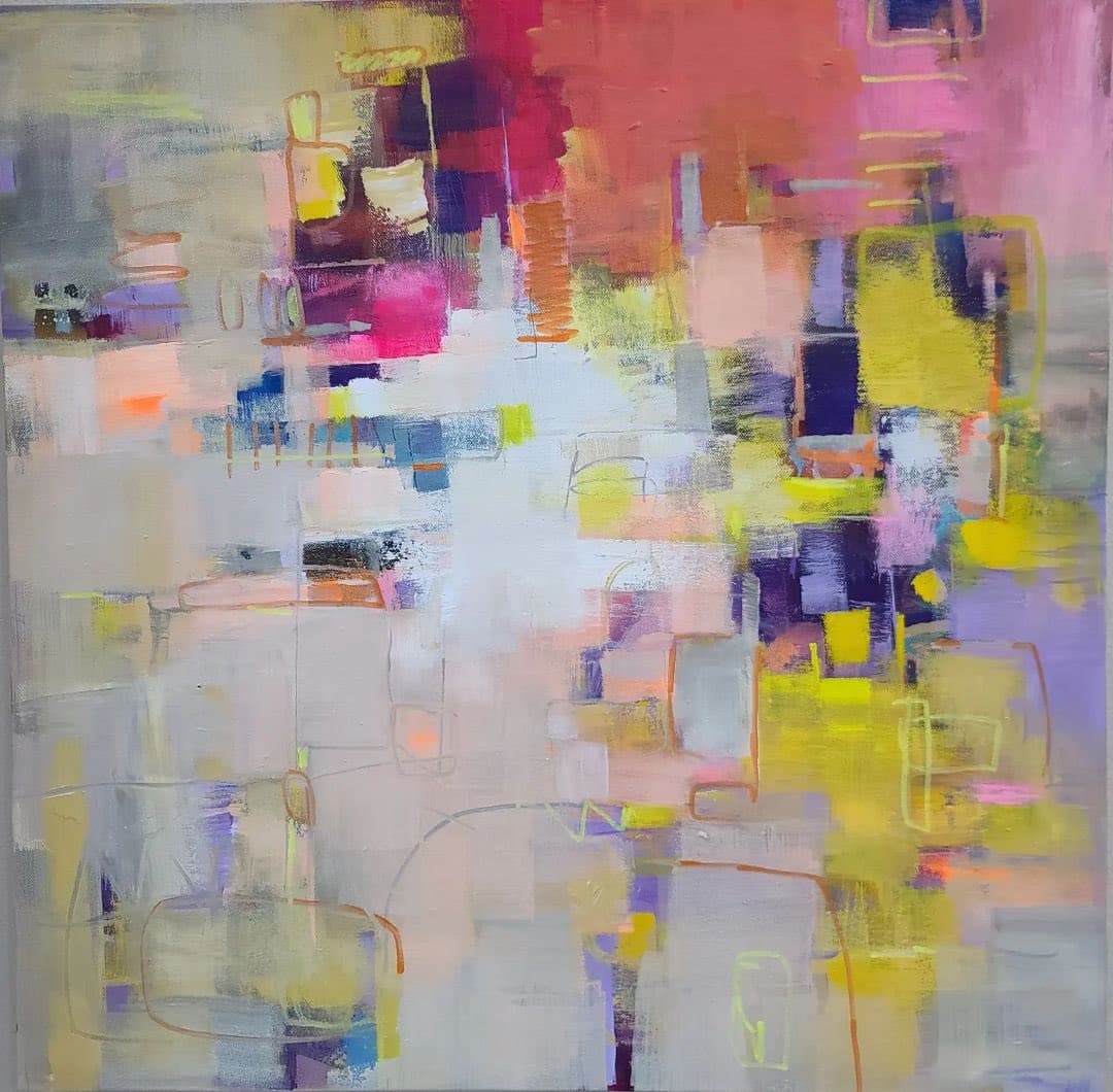 An abstract painting featuring a mosaic of geometric shapes and brushstrokes in a palette of white, yellow, pink, purple, and red.