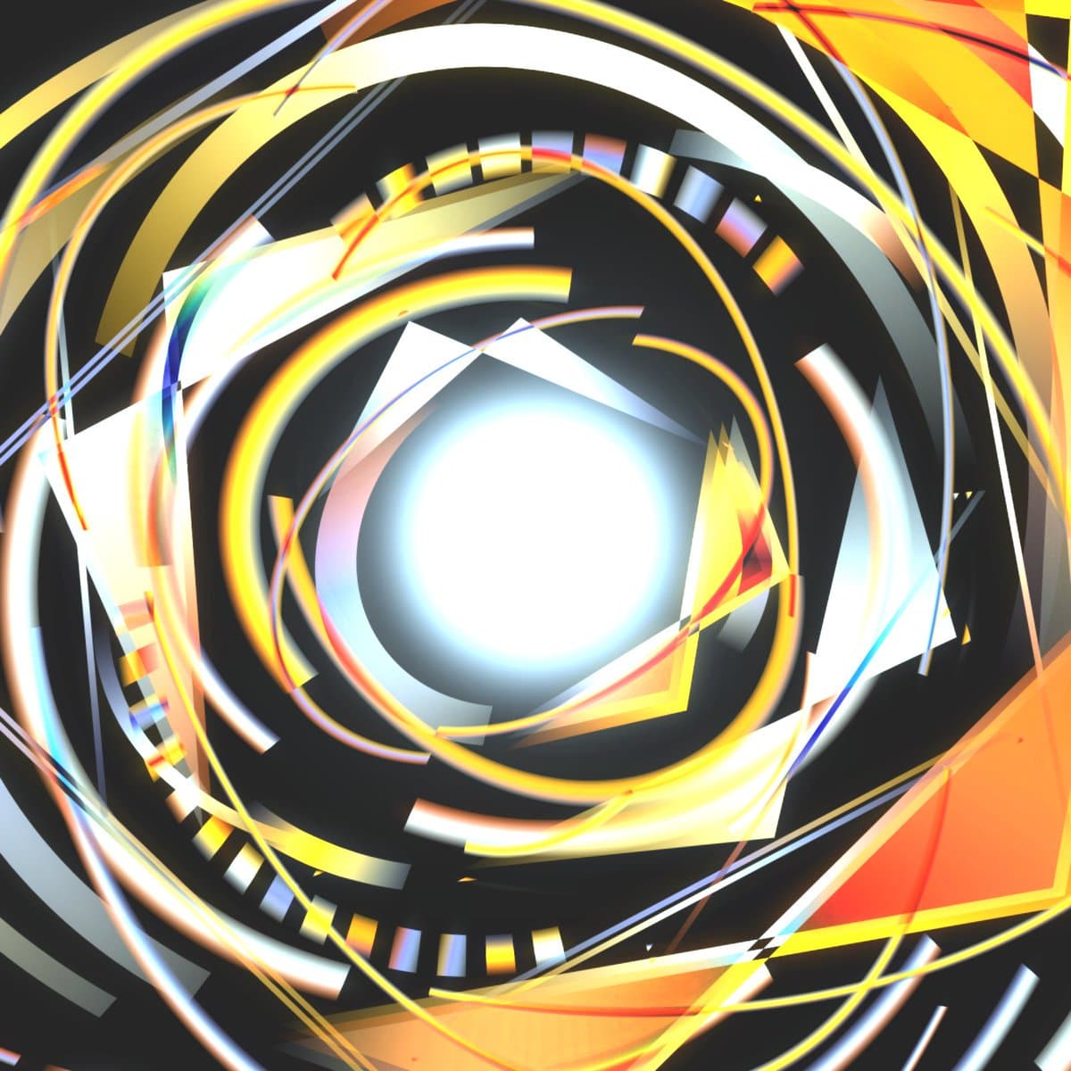 An abstract digital artwork featuring a bright, glowing white circle at the center, surrounded by dynamic, swirling geometric shapes and lines in yellow, orange, and white against a black background. The composition creates a sense of motion and energy radiating outward from the central light source.