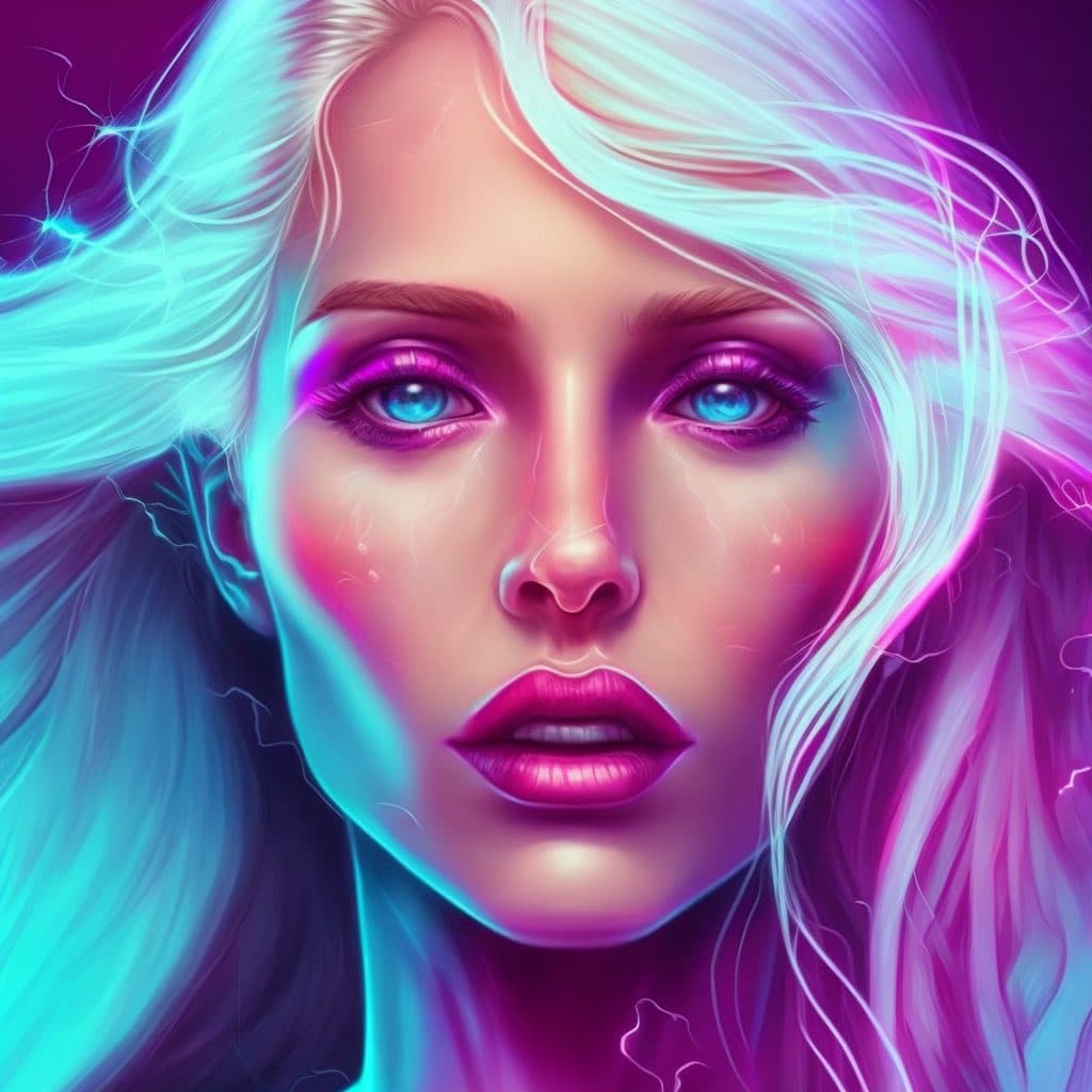 A digital art portrait of a woman with long, flowing white hair and blue eyes, illuminated by vibrant neon pink and cyan lighting. The image features a futuristic, cyberpunk aesthetic with glowing highlights on her face and hair.