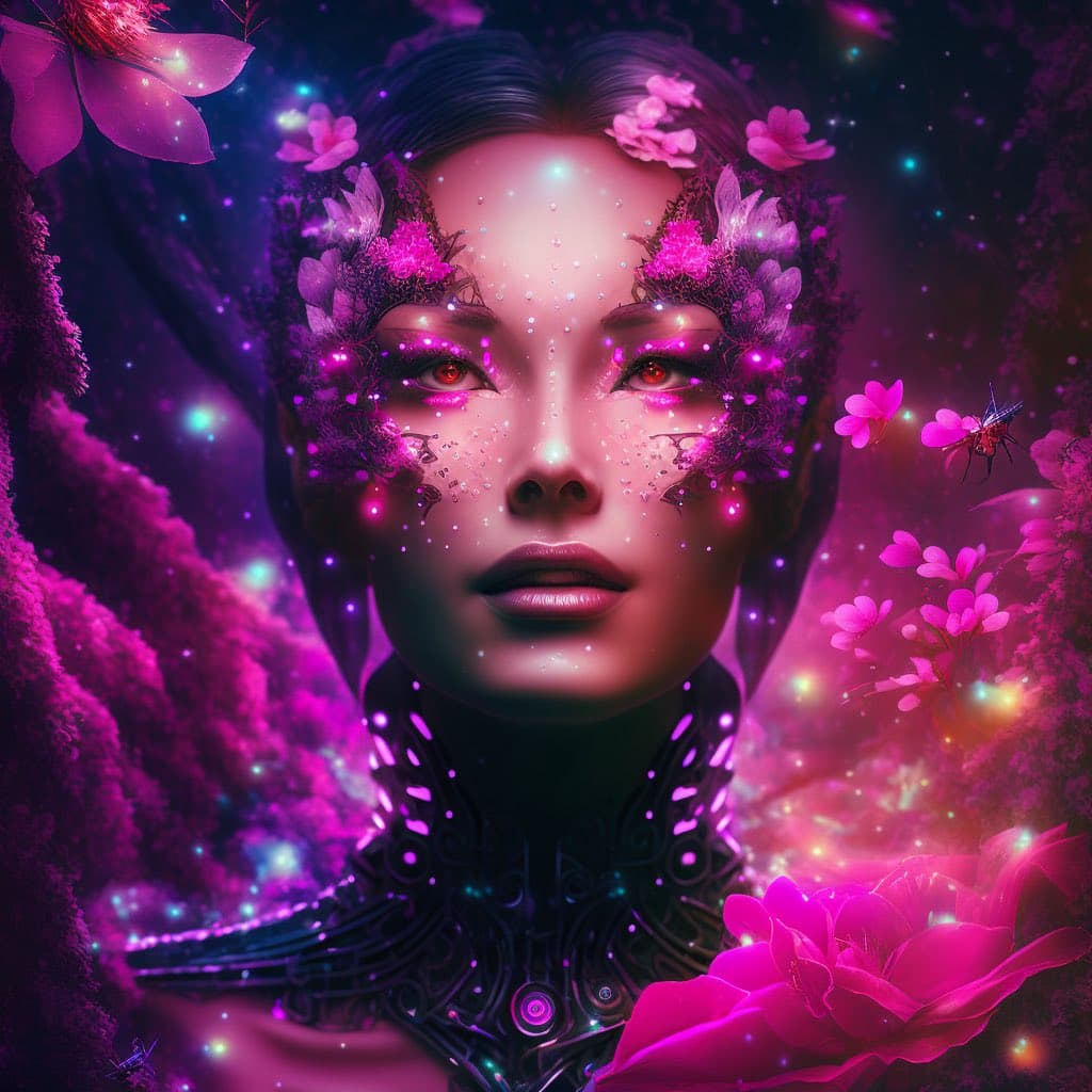 A vibrant, fantasy-style digital artwork featuring a person with glowing red eyes and intricate floral and crystalline adornments on their face, set against a magical, purple-hued background with glowing particles and flowers.