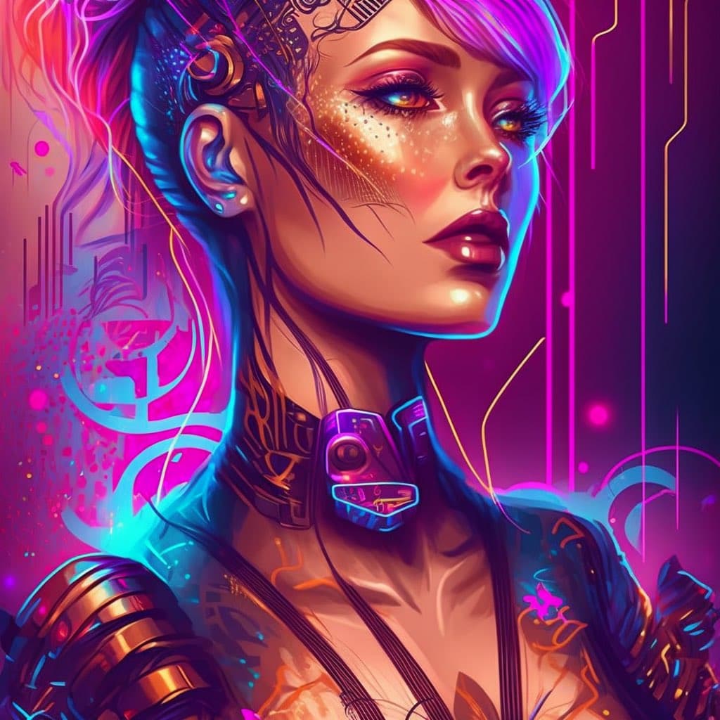 A vibrant, neon-lit digital illustration of a woman with cybernetic enhancements, including a device on her neck and intricate patterns on her skin, set against a futuristic, abstract background. The image features a strong cyberpunk aesthetic with glowing pink, purple, and blue colors.