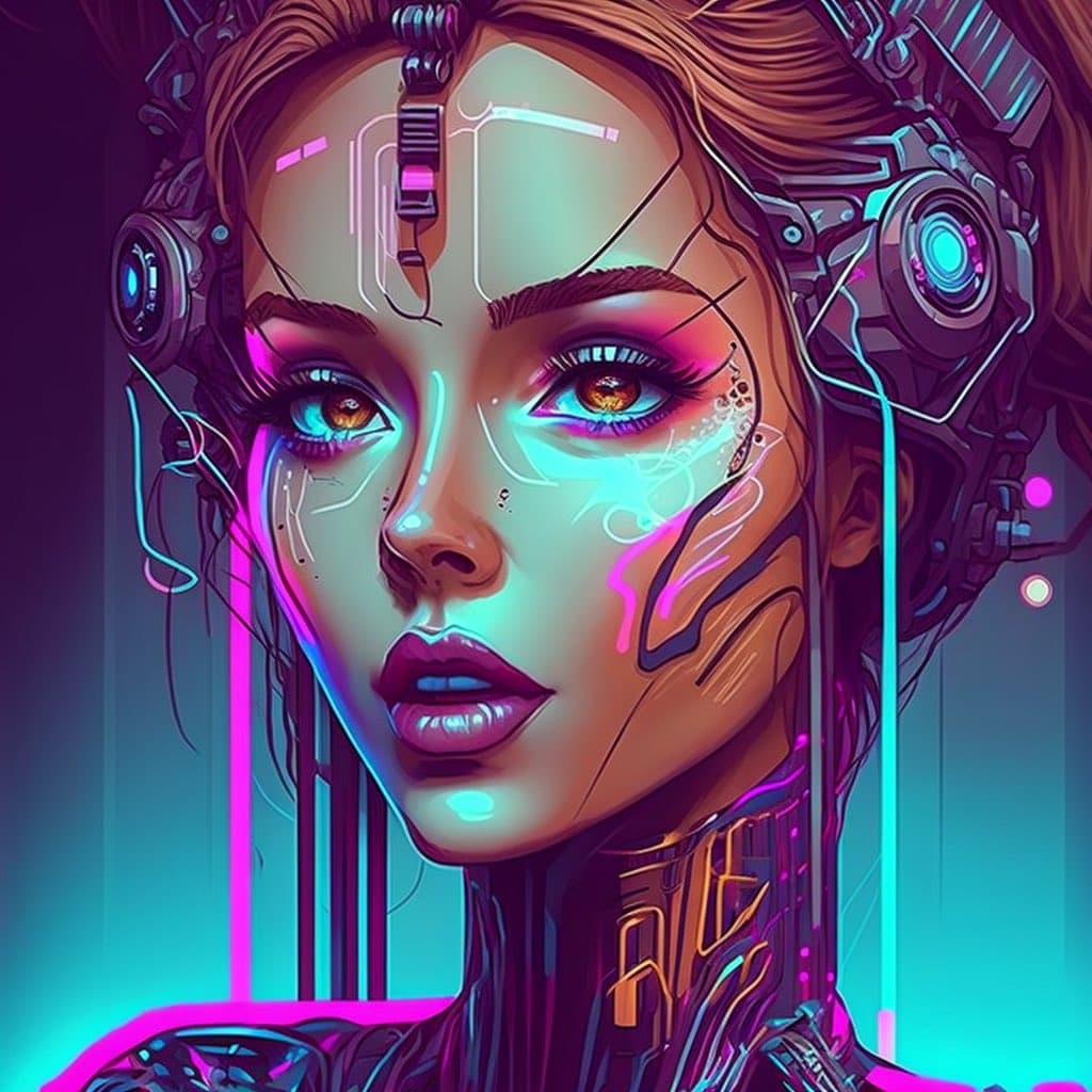 A digital art portrait of a woman with cybernetic enhancements, featuring glowing neon lines and mechanical components integrated into her face and head. The image has a vibrant, futuristic aesthetic with pink and blue lighting.