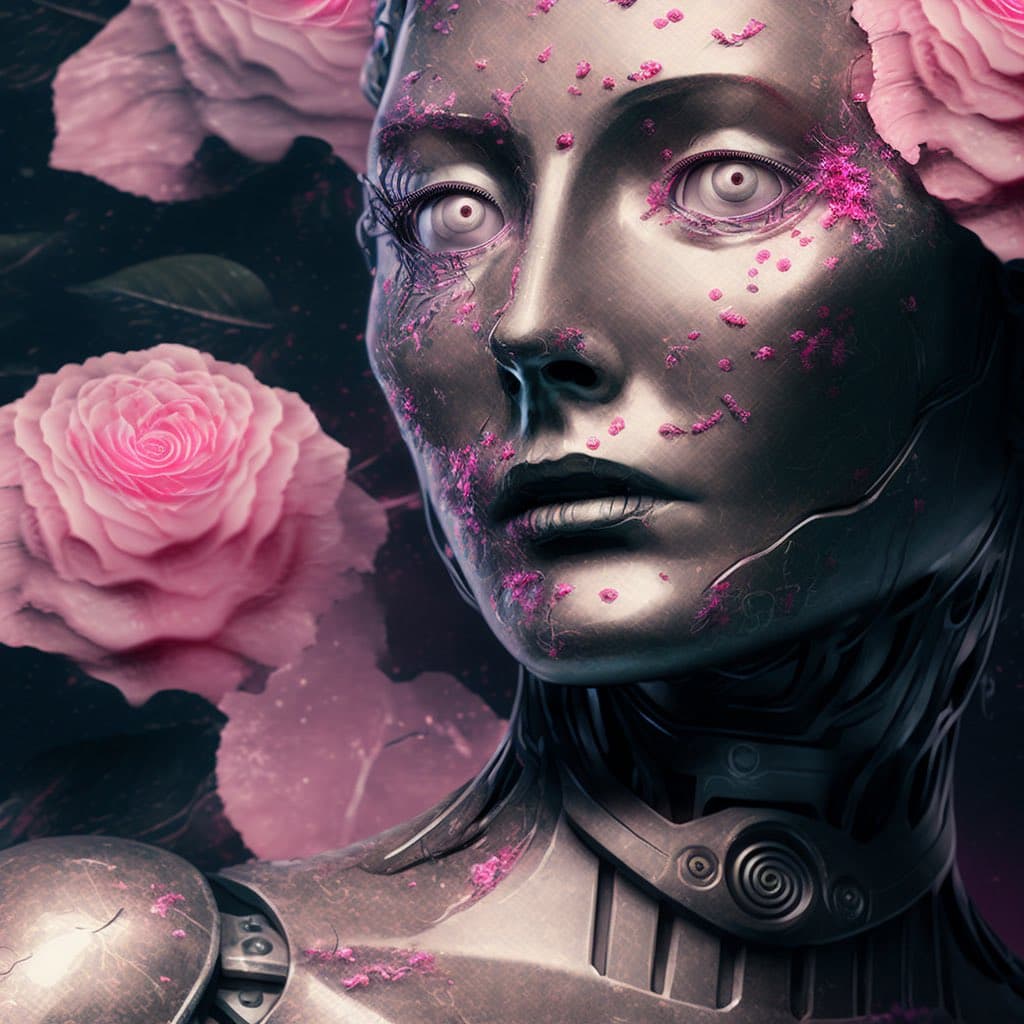 A digital artwork depicting a close-up of a metallic, robotic face with wide, pale eyes, surrounded by pink roses and scattered pink petals. The image has a surreal, cyberpunk aesthetic with a dark background.