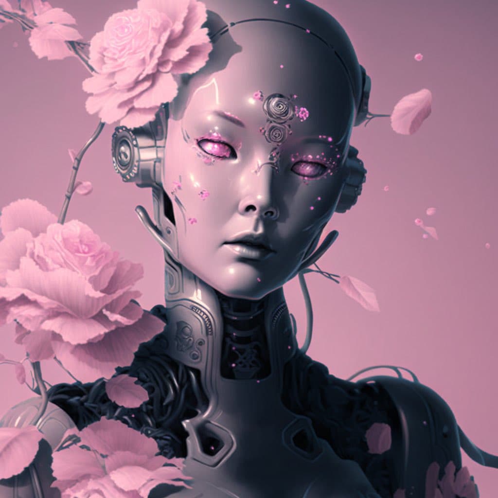 A digital artwork depicting a humanoid robot with a smooth, metallic face and glowing pink eyes, surrounded by large pink flowers and floating petals against a soft pink background. The robot's head and neck feature intricate mechanical details and small floral accents.
