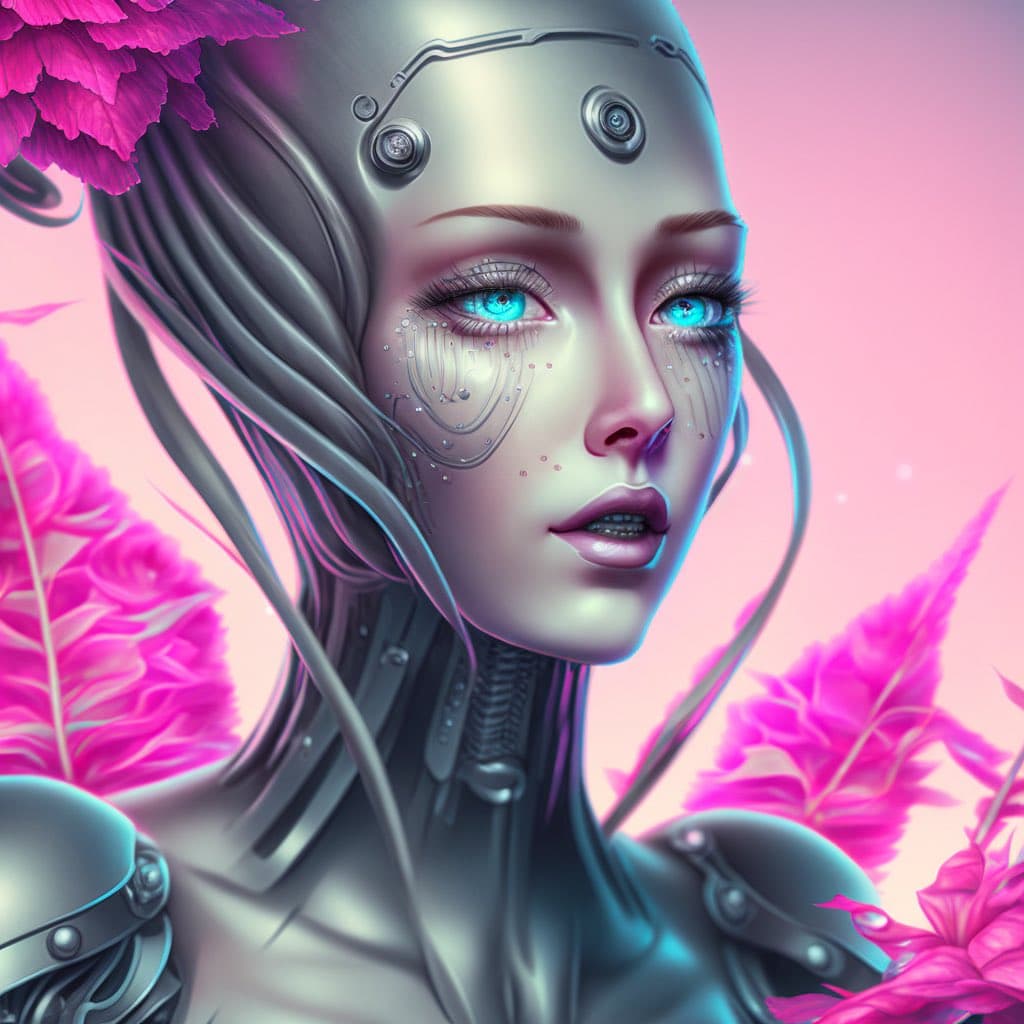 A digital illustration of a humanoid robot with a metallic face, glowing blue eyes, and circuit-like patterns on its cheeks, set against a pink background with vibrant pink flowers. The robot has a sleek, futuristic design with visible mechanical components on its head and neck. The image has a soft, ethereal quality with a focus on the robot's expressive face.