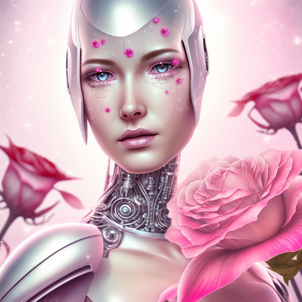 A digital illustration of a humanoid robot with a feminine face, blue eyes, and pink gem-like accents, set against a soft pink background with large pink roses. The robot's neck and shoulders reveal intricate mechanical components. The image has a futuristic, ethereal aesthetic.
